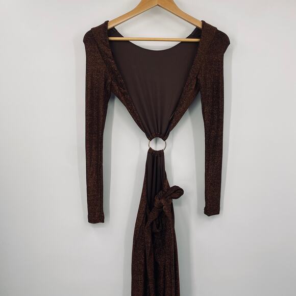 MESHKI Christina Backless Cut out Dress Long Sleeve Brown Gold Metallic NEW XXS - Picture 8 of 12